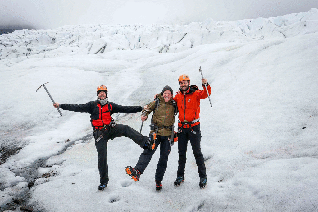 People walking on glacier in Iceland